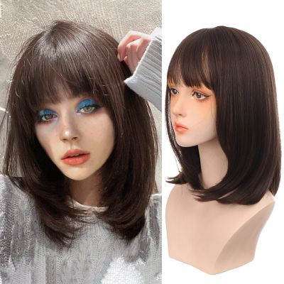 AILIADE Synthetic Straight Wig With Bangs Black Brown Lolita Anime Cosplay Wigs For Woman Girls Daily False Hair