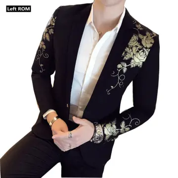 Gold Embroidery Mens Black/Red Wedding Suit Jacket Fashion Slim