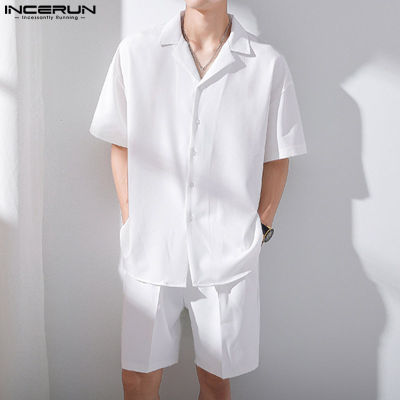 INCERUN ชุดสูทลำลองแบบทางการสำหรับผู้ชายเสื้อยืดแขนสั้นกางเกงขาสั้นชุดสำหรับใส่ไปทะเลชุดใส่นอน (สไตล์เกาหลี)