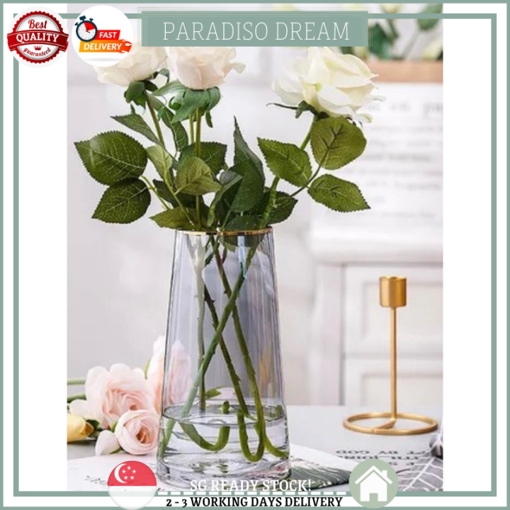 [SG Free Shipping]Nordic Style Glass Vase Clear Transparent Gold Rim