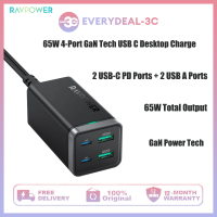 RAVPower PD PD Pioneer 65W USB 4พอร์ต C เทคโนโลยี GaN ความเร็วสูงเครื่องชาร์จตั้งโต๊ะ RP-PC136