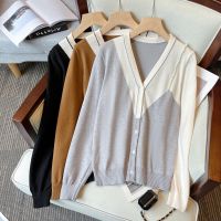 In Large Size Womens Sense Of The New Design Fall And Winter Holiday Two V-Neck Knitting Cardigan Fat MM Color Matching Jacket