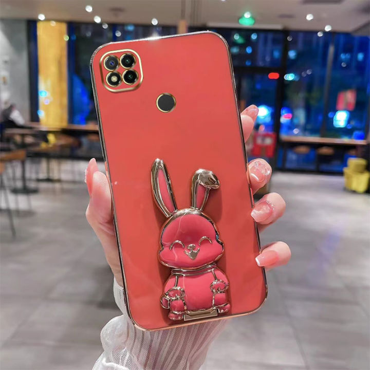 ybdเคสโทรศัพท์หม่สไตล์เข้ากันได้กับ-xiaomi-redmi-9c-10a-9a-8a-redmi-8-9-10-เคสการ์ตูนน่ารัก3dยิ้มกระต่ายชุบขาตั้งพับได้ปกอ่อน