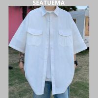 SEATUEMA ชุดทำงานแบบอเมริกัน,เสื้อแขนสั้นผู้ชายเทรนด์กลางแจ้งฤดูร้อนเสื้อลำลองเรียบง่าย