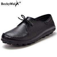 Beckywalk รองเท้าผู้หญิงไซส์ใหญ่พิเศษรองเท้าลูกไม้รองเท้าหนังแท้สตรีพื้นแบนใส่สบายในฤดูใบไม้ผลิใบไม้ร่วงรองเท้าสตรี Sapato Feminino WSH2707