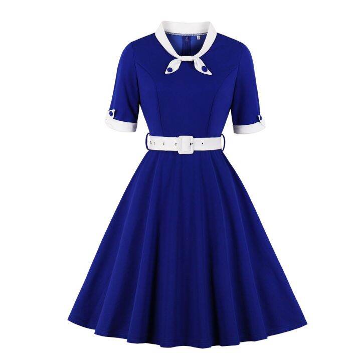 hot11-women-vintage-bow-v-neck-dress-retro-rockabilly-2023-tail-party-1950s-40s-swing-dress-summer-dress-short-sleeves