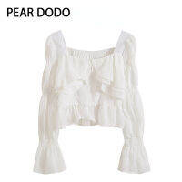 เสื้อผ้าระบายแขนยาวคอกลมทรงสี่เหลี่ยมแขนพองเกาหลีสำหรับผู้หญิง PEAR DODO