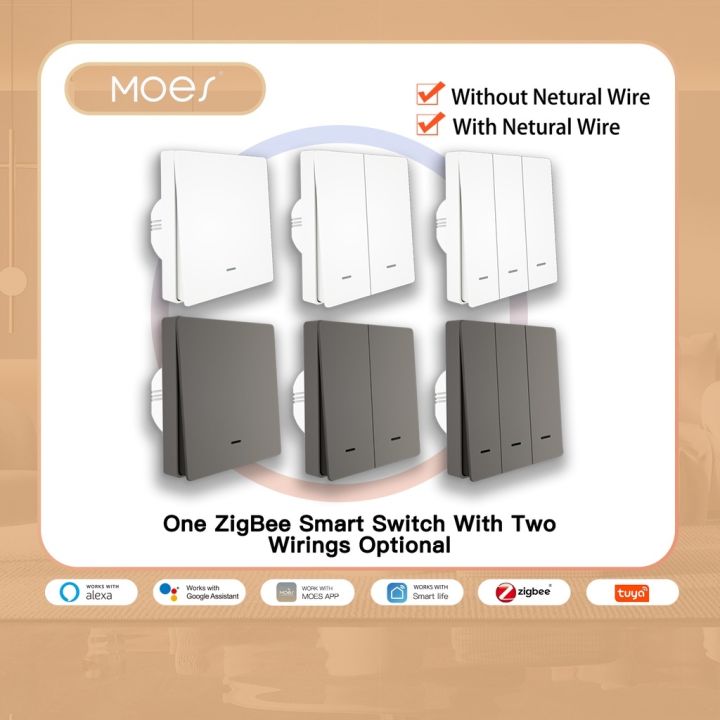 MOES ZigBee Smart Touch Wall Light Switch,No Neutral Wire/N+L Wiring,No  Capacitor,Smart Life Tuya 2/3 Way Remote Control, Compatible with Alexa  Google
