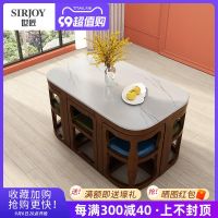 ▫ Small apartment American marble dining table and chairs one six combination household rock plate can store solid wood hidden square