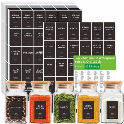 275PCS Spice Jar Storage Labels Black Waterproof And Oil-proof Stickers Kitchen Room Spice Jar Labels Kitchen Spice Jar Stickers