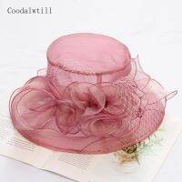 New Women Elegant Summer Organza Hat Bow Flower Sun Hat Wide Brim Fascinator Wedding Headwear Female Derby Travel Event Chapeau