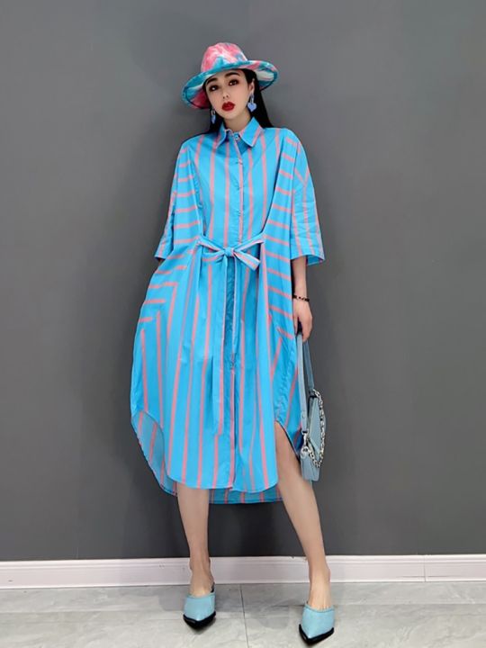 xitao-striped-shirt-dress-fashion-bandage-dress-wmd5205