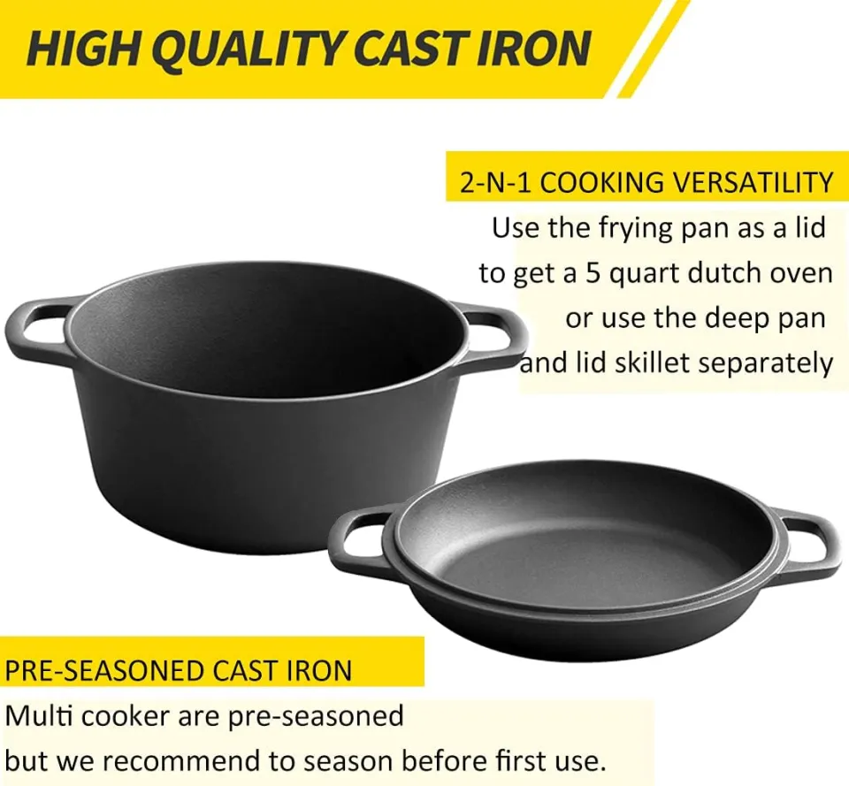 Source Cast Iron Dutch Oven Pot With Lid 2-In-1 Pre-Seasoned 5qt Dutch Oven  Cast Iron Cookware For Frying Camping Cooking and Baking on m.