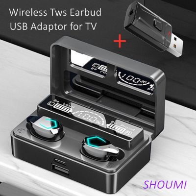 Wireless Tv Earbud Tws Bluetooth Headset with USB Adaptor 9D Stereo Earphone CVC Noise Cancelling 3000mA Charging Box Mic for TV Power Points  Switche