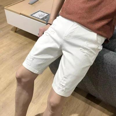 กางเกงยีนส์ขาสั้นสีขาวแบบสลิมฟิตของวัยรุ่น,กางเกงผ้าเดนิมขาดทรงหลวมสไตล์เกาหลีสำหรับเด็กผู้ชาย