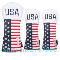 3pcs White PU Leather with USA Stars &amp; Strips Embroidery Golf Club Driver Fairway Wood FW Head Cover Golf #1 #3 #5 Headcover