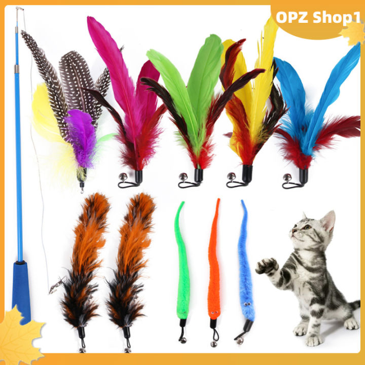 opz-ชุดเปลี่ยนหัวของเล่นหยอกแมวหนอนผีเสื้อขนนก11ชิ้นชุดสัตว์เลี้ยงเบ็ดตกปลาพับเก็บได้ของเล่นแมว
