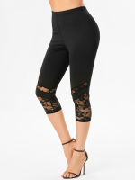 Tummy Control Skinny Women Rose Floral Print Lace Insert Capri Leggings เอวปกปิดกางเกงส่วนเกิน...