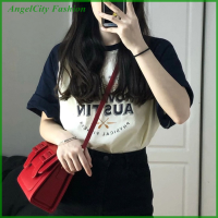 AngelCity เสื้อยืดเสื้อผู้หญิงคอกลมพิมพ์ลายตัวอักษรแฟชั่นร้านค้าเสื้อยืดแบบหลวมลำลองแขนแร็กแลน