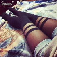 【CW】Black Women Temptation Sheer Mock Suspender Tights Pantyhose Stockings Cool Mock Over The Knee Double Stripe Sheer Tights