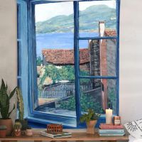 Art Oil Paintings Blue Pastoral Poster Tapestry Window Landscape Background Wall Cloth Hanging Home Bedroom Room Decor Aesthetic