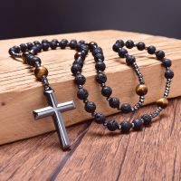 Vintage Lava Stone Tiger Eye Onyx Hematite Cross Pendant Men Necklace Catholic Christ Rosary Necklaces Meditation Energy Jewelry