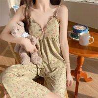 2 Pieces Suit Floral Print Women Girls Pajama Set Loungewear Sexy V Neck Lace Sleepwear Strapless Padded Bra Pijama Home Clothes