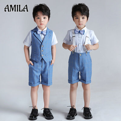 AMILA ชุดเสื้อกั๊กแขนสั้นสำหรับเด็กผู้ชาย,ชุดสูทสามชิ้นชุดเดรสสำหรับเด็กบรรยายได้