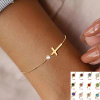 ✳✼ Birthstone Cross Bracelet Minimalist Bracelet for Women Dainty Religiou Gift for Her 18k Gold Plated Holy Communion Bracelets