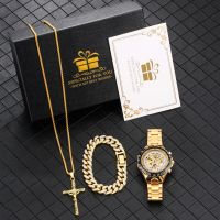 ZZOOI Luxury Golden Watch Gift Set Men Automatic Mechanical Stainless Steel Watch Men Gold Bracelet Necklace Best Gift for Dad Husband