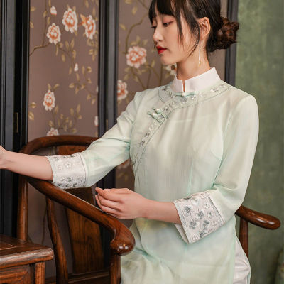 รุ่นที่ปรับปรุงของชุด Cheongsam Aodai สาธารณรัฐจีนสไตล์ย้อนยุคเสื้อผ้าน้ำชาผู้หญิงนางฟ้า2021