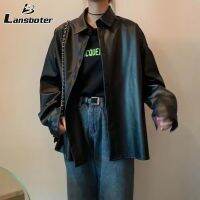 Lansboter เสื้อคลุมใส่ได้ทุกเพศลำลองผู้ชายมีซิปเปิดหลวมแจ็กเก็ตหนังมีสไตล์