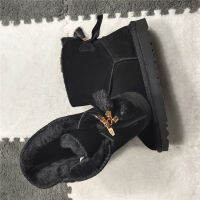 Cowhide Leather Short plush Fur Lined Women Short Ankle Winter Suede Snow Boots with Bowknots Mink Tassels Warm Shoes