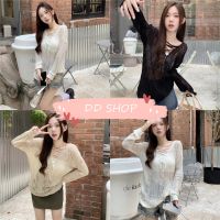 DD SHOPพร้อมส่ง 2119-1 เสื้อถักไหมพรมแขนยาว ดีเทลซีทรูเบาๆ เชือกถักเก๋