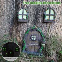 3Pcs Fairy Gnome Door Figurines Elf Home Wooden Fairy Garden Window Door Art Tree Sculpture Statues Ornament Outdoor Decoration