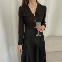 SHENGPALAE Fashion Spliced Double Pockets Pleated Dress Womens Spring 2022 New V-neck Loose Long Sleeve Mid-calf Dresses Female