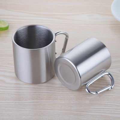 ：“{—— Hot Product 220/300/330/450Ml Camping Travel Stainless Steel Cup Carabiner Hook Handle Picnic Water Mug Outdoor Travel Hike Cup