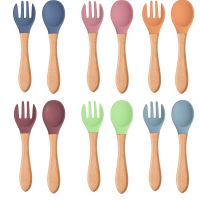 Baby Wooden Silicone Spoon Fork BPA Free Feeding SetFood Grade Tableware Toddlers Infant Dinner Colorful Plate Accessories Bowl Fork Spoon Sets