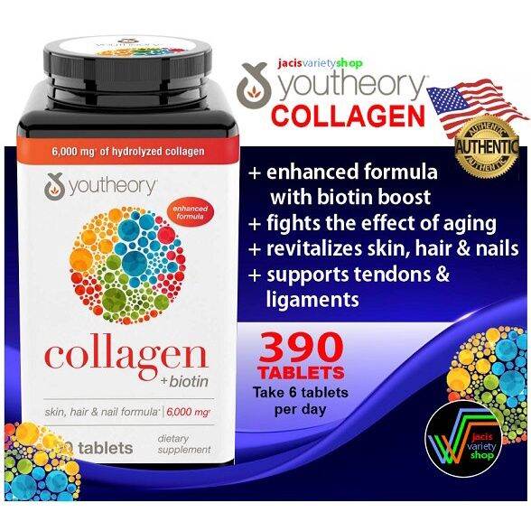 Youtheory Collagen 390 Tablets 6,000mg + 3,000 mcg Biotin + Vitamin C