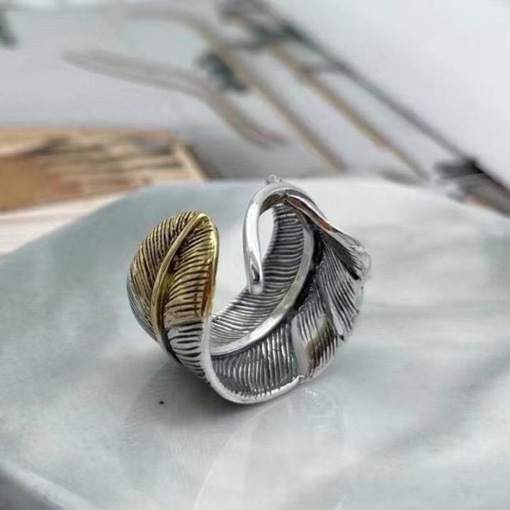 cod-s925-แหวนเงินแท้แบบเก่าแหวนเปิดขนนกทาคาฮาชิเครื่องประดับมือยอดนิยมสำหรับผู้ชายและผู้หญิง