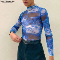 [Perfectly] INCERUN Mens Long Sleeve Mesh Hippy Printed T Shirts Casual Blouse Tees Tops (สไตล์ตะวันตก)