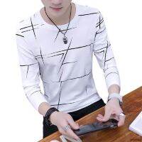 Mens Long Sleeves T-shirt Round Neck Slim Fit Floral Line Casual Autumn Fashion