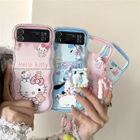 เคสนิ่มลายคลื่นสำหรับ Samsung Galaxy Z Z Flip5 4 3 5G ฝาปิดมีสายรัดข้อมือป้องกันการตกแบบการ์ตูนแมวคิตตี้ TPU + จี้