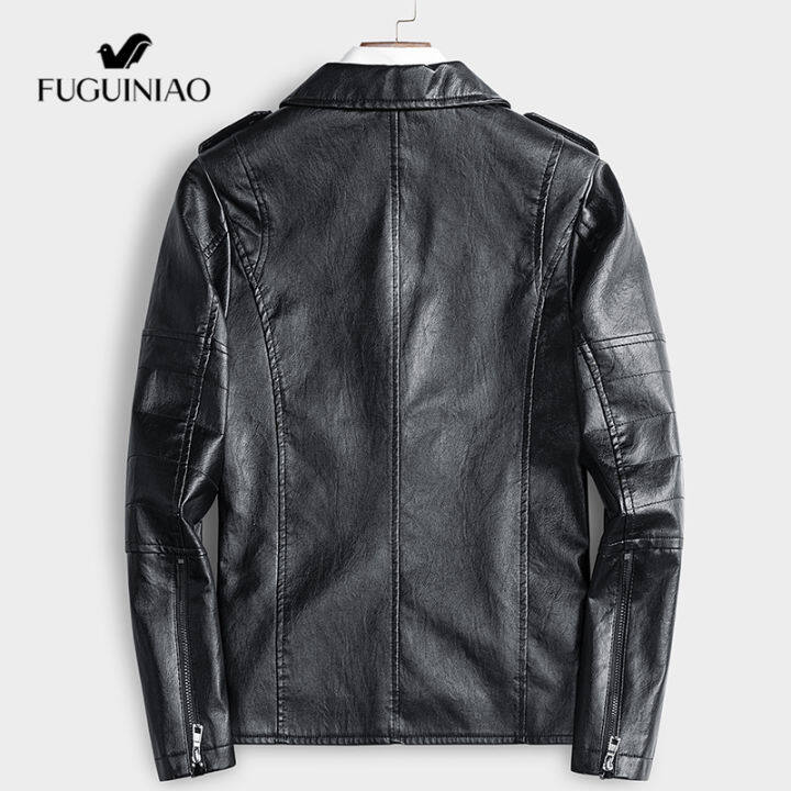 fuguiniao-2019-ใหม่แฟชั่นของมนุษย์ฤดูใบไม้ร่วงฤดูหนาวแจ็คเก็ตหนัง-faux-สีดำซิปเสื้อพื้นฐานเปิดลงปกแจ็คเก็ตนักขี่จักรยานกับเข็มขัด