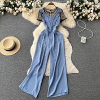 Korean Mesh Stitching Short Sleeved jumpsuit Women y Mature High Waisted Thin Loose Wide Leg Trousers