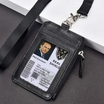 Boshiho Saffiano Leather Badge Holder ID Card Holder Coin  Change Purse with Keychain Lanyard (Black with Keychain) : Office Products