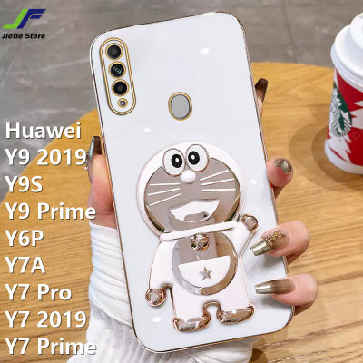 JieFie Doraemon เคสโทรศัพท์สำหรับ Huawei Y9 2019 / Y9S / Y9 Prime / Y7A / Y6P / Y7 Pro / Y7 2019 / Y7 Prime การ์ตูนตุ๊กตาน่ารักวงเล็บชุบโครเมี่ยมฝาครอบโทรศัพท์เนื้อนิ่ม TPU + ขาตั้ง