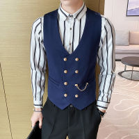 Luxury Golden Chain Mens ชุดเสื้อกั๊กธุรกิจอย่างเป็นทางการ Slim Gold Double Breasted Men Waistcoat Plus ขนาดงานแต่งงาน Blazer Gilet Homme