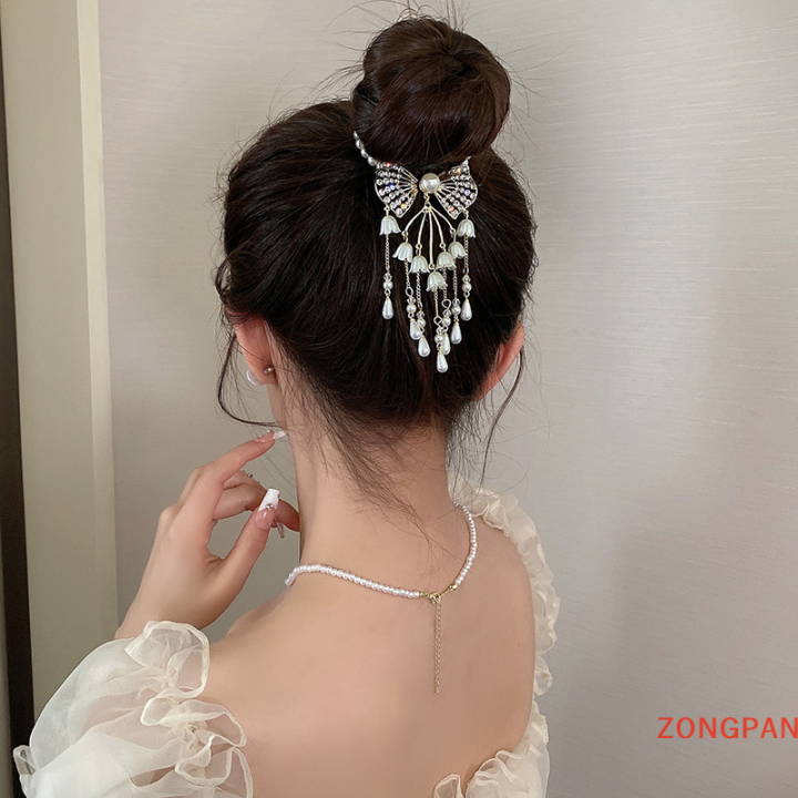 zongpan-กิ๊บติดผมรูปดอกกล้วยไม้กระดิ่งแบบย้อนยุคสำหรับผู้หญิงกิ๊บหนีบผมมีพู่ห้อยประดับคริสตัลหรูหราเครื่องประดับผมเกาหลี