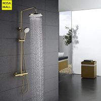 【LZ】✑  Conjunto de chuveiro termostático de latão escovado ouro 8  Rain Shower Head Banheira De Cachoeira Portátil Sistema Torneira Misturadora